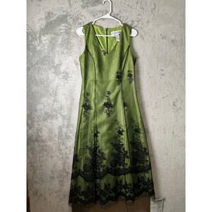 Vintage Y2k Green Dress Black Floral Overlay Beaded 90s Grunge Whimsy Fairy